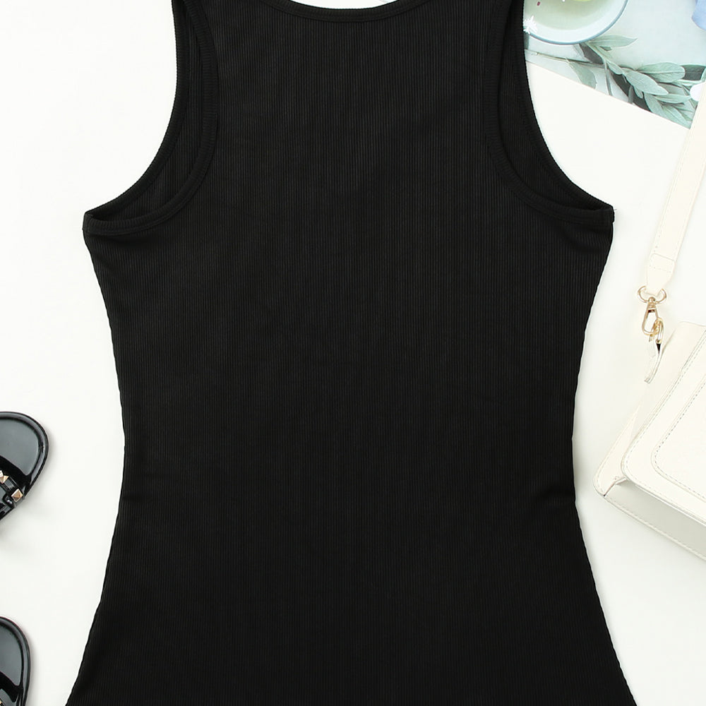 
                      
                        Black Split Neck Ribbed Knit Tank Top
                      
                    