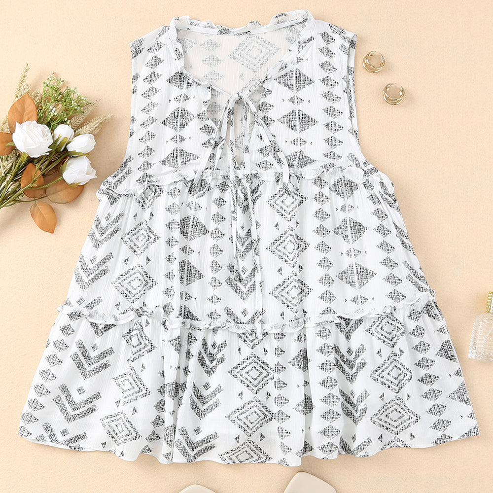 
                      
                        White Tribal Geometric Print Tiered Frilled V Neck Tank Top
                      
                    