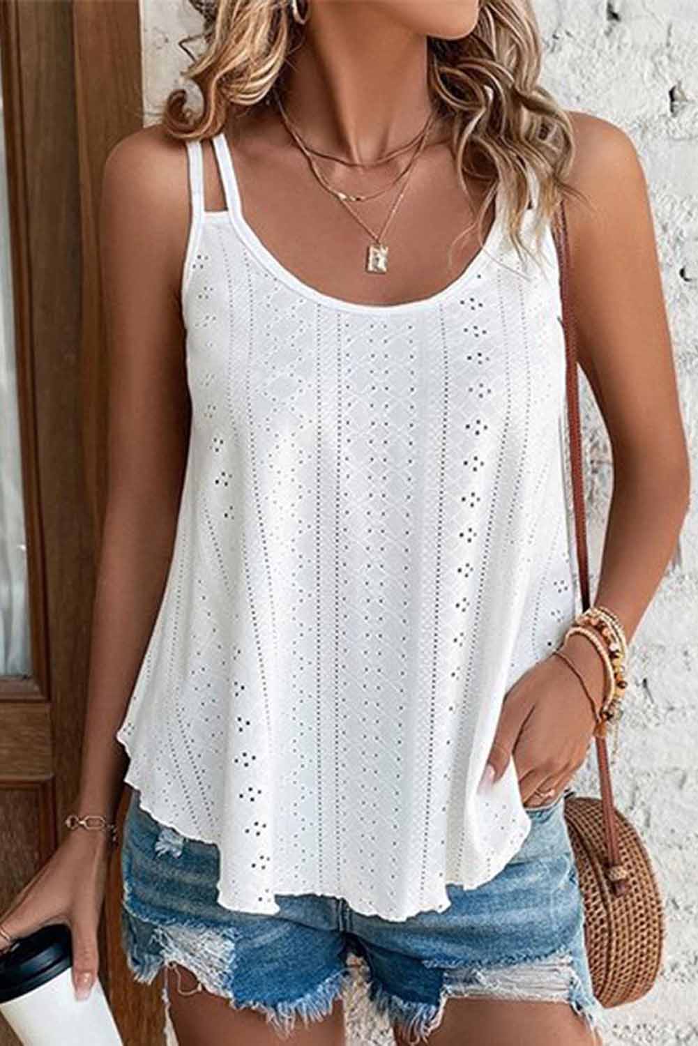 White Eyelet Strappy Scoop Neck Tank Top
