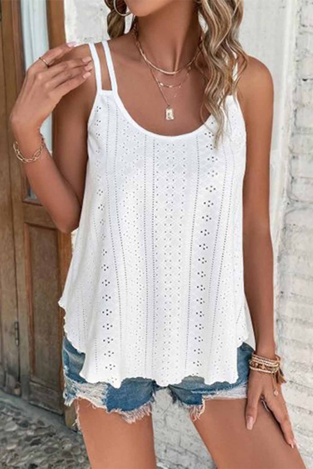 White Eyelet Strappy Scoop Neck Tank Top