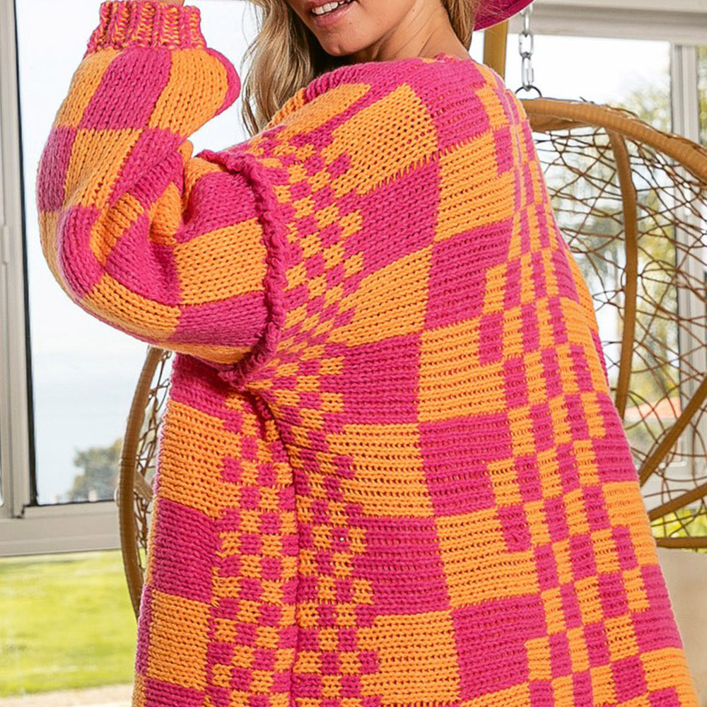 Multicolor Open Front Mixed Checkered Pattern Knit Cardigan