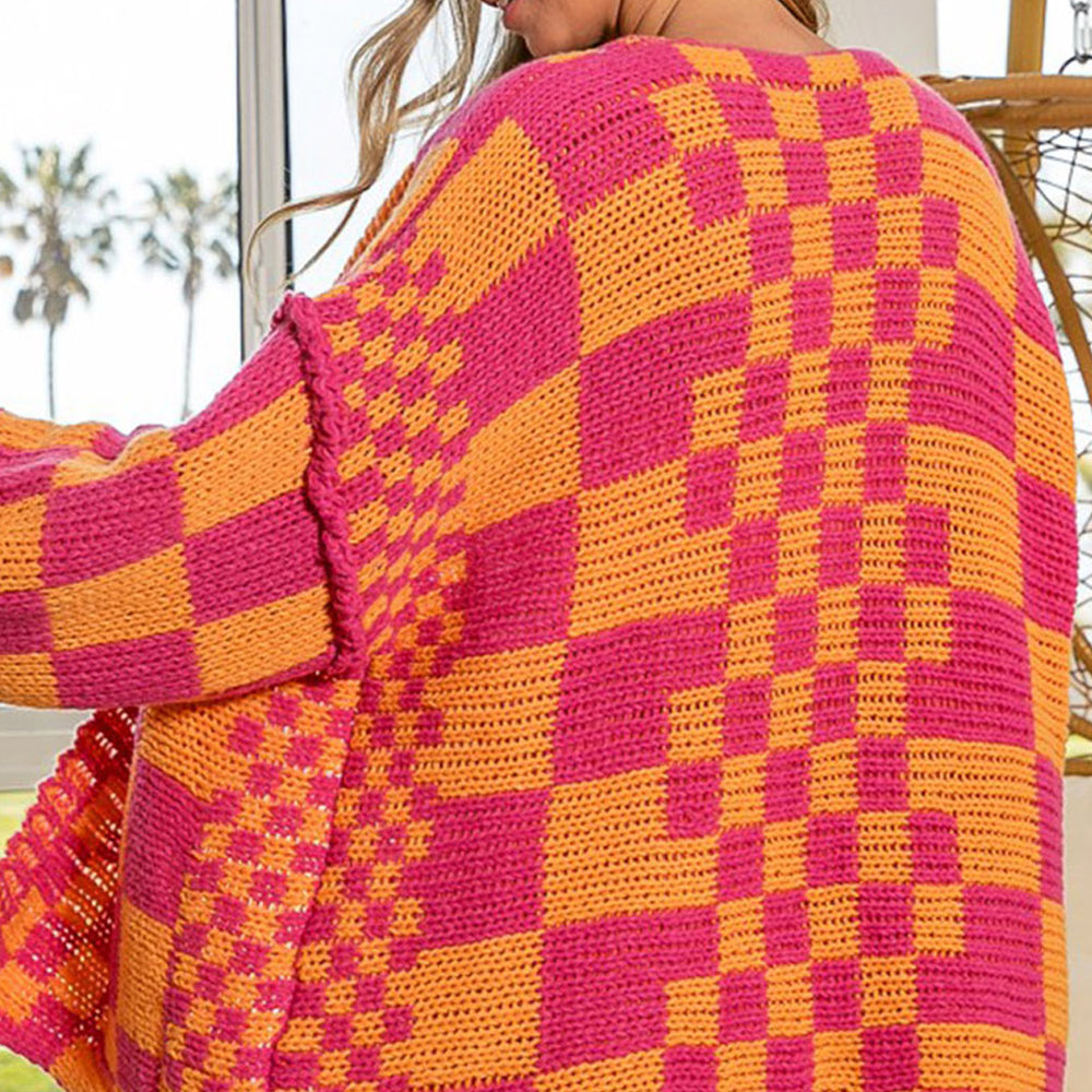 
                      
                        Multicolor Open Front Mixed Checkered Pattern Knit Cardigan
                      
                    