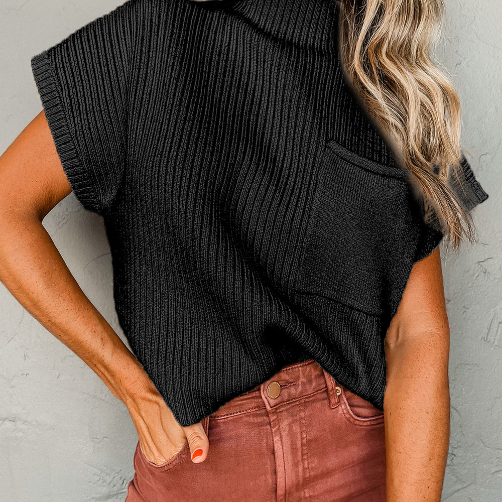 Black Patch Pocket Ribbed Knit Short Sleeve Sweater