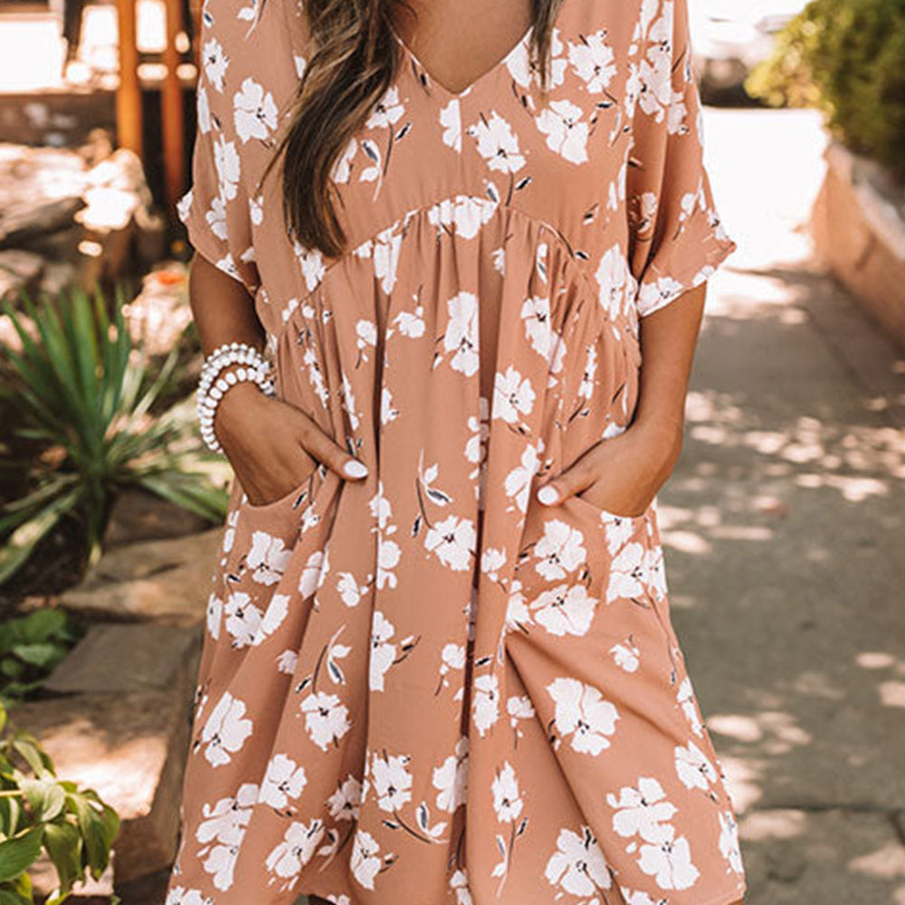 Khaki V Neck Floral Babydoll Dress with Pockets