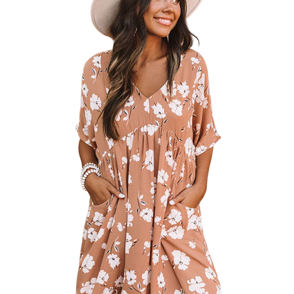 
                      
                        Khaki V Neck Floral Babydoll Dress with Pockets
                      
                    