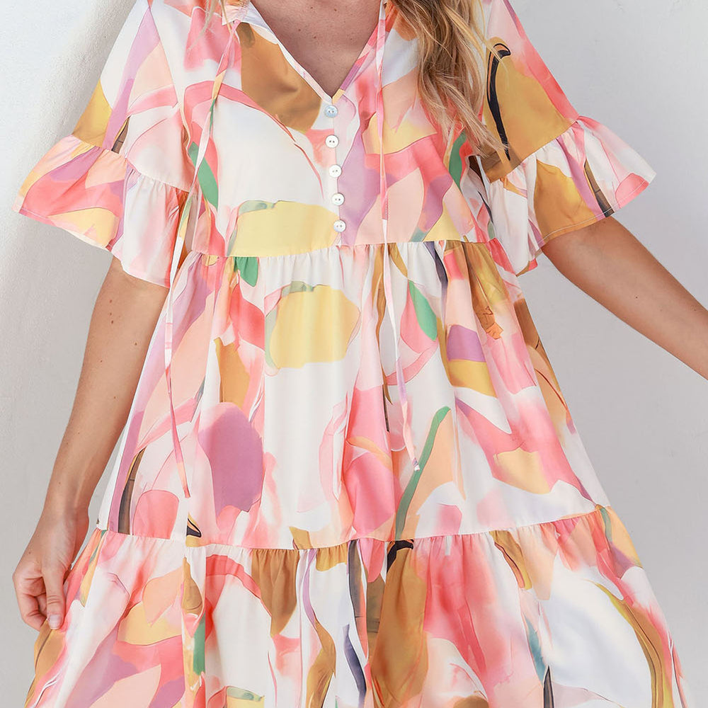 Pink Geometric Print Ruffled Short Sleeve Tied V-Neck Mini Dress