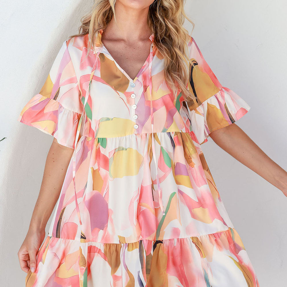 
                      
                        Pink Geometric Print Ruffled Short Sleeve Tied V-Neck Mini Dress
                      
                    