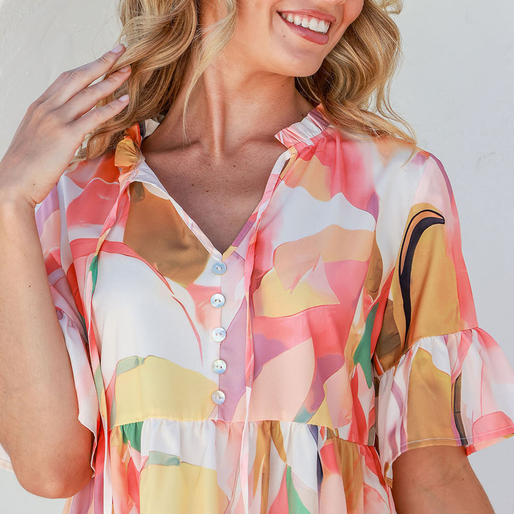 Pink Geometric Print Ruffled Short Sleeve Tied V-Neck Mini Dress
