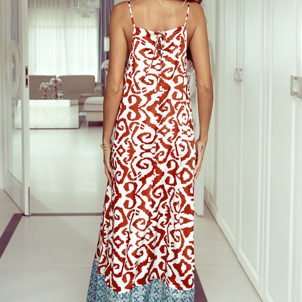 Orange Boho Geometric Print Sleeveless Maxi Dress