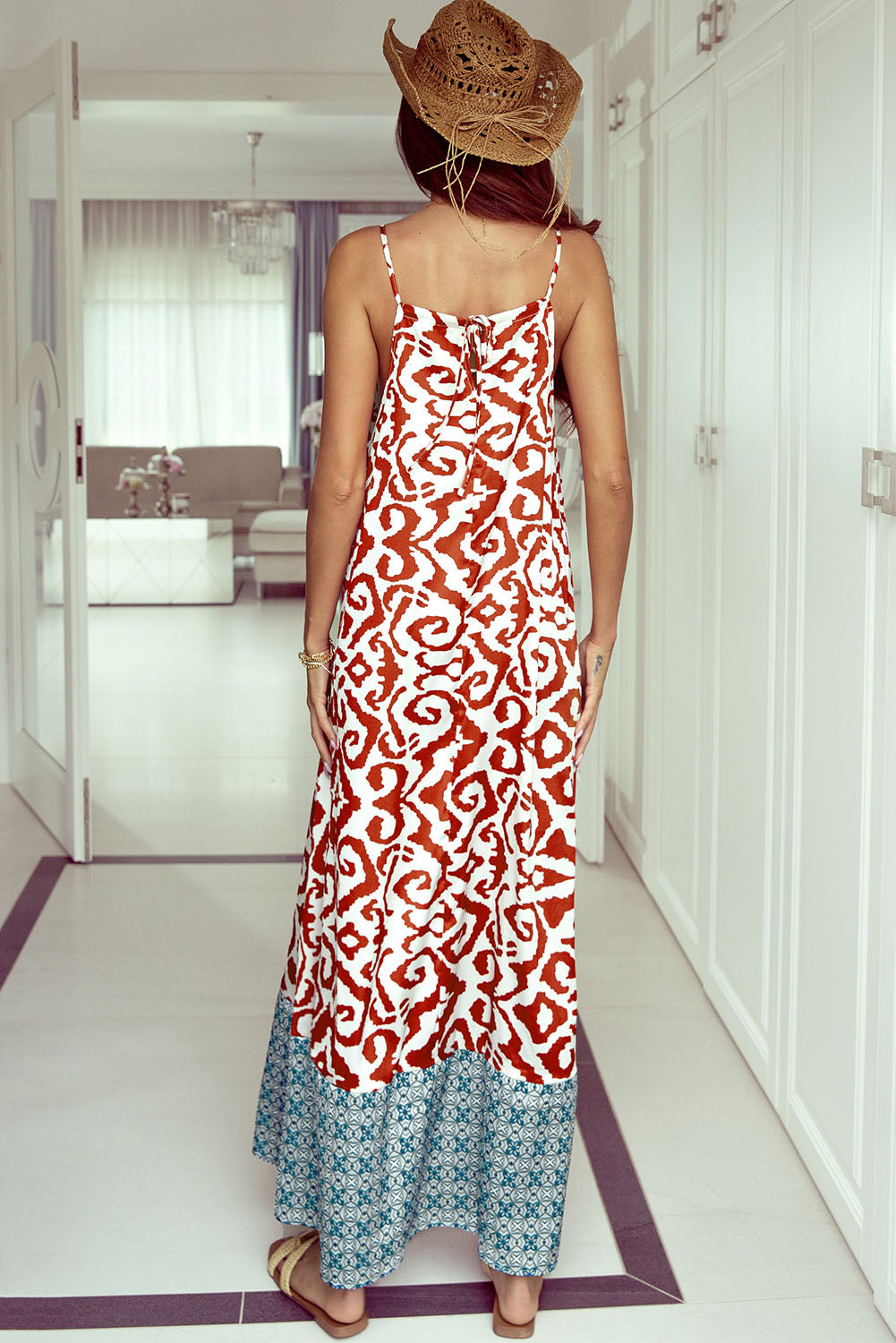 Orange Boho Geometric Print Sleeveless Maxi Dress
