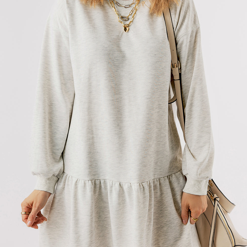 White Solid Color Puff Sleeve Ruffle Hem Mini Dress
