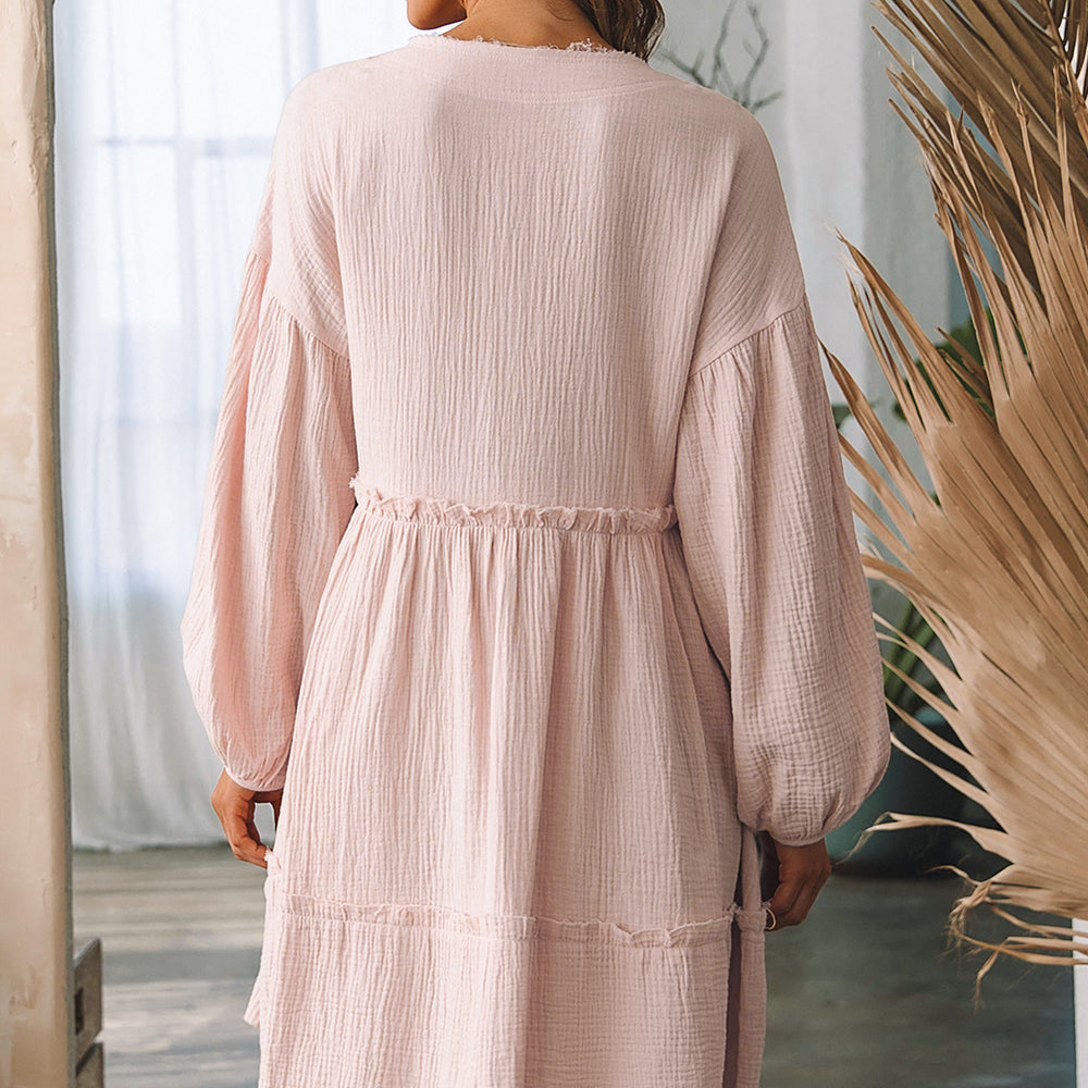 Oatmeal Crinkle Distressed Puff Sleeve Flared Dress