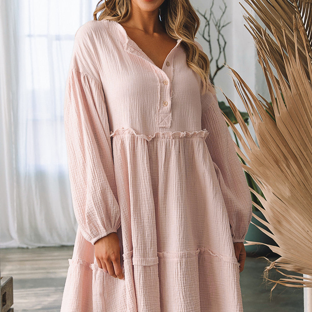 Oatmeal Crinkle Distressed Puff Sleeve Flared Dress
