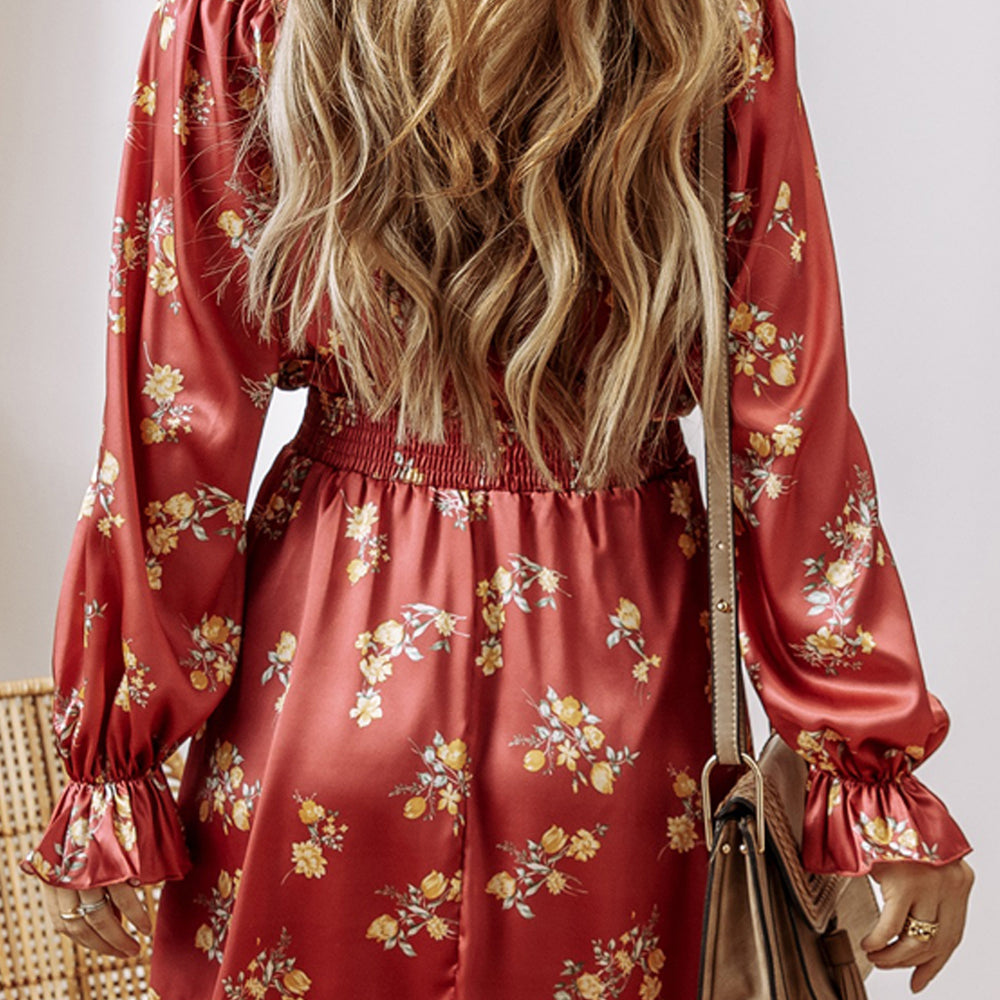 Red Clay Floral Print Shirred Waist Ruffled Trim V Neck Mini Dress