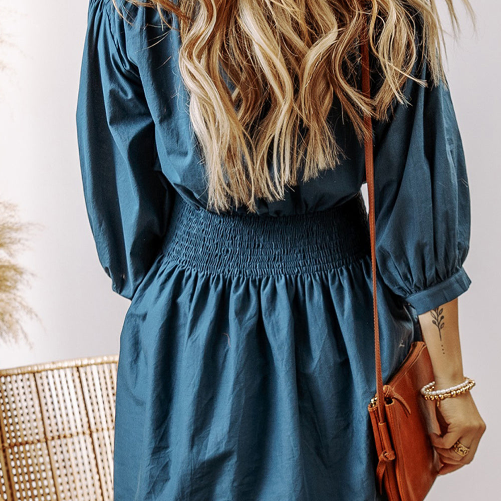 Prussian Blue 3/4 Sleeve Shirred High Waist Buttoned Mini