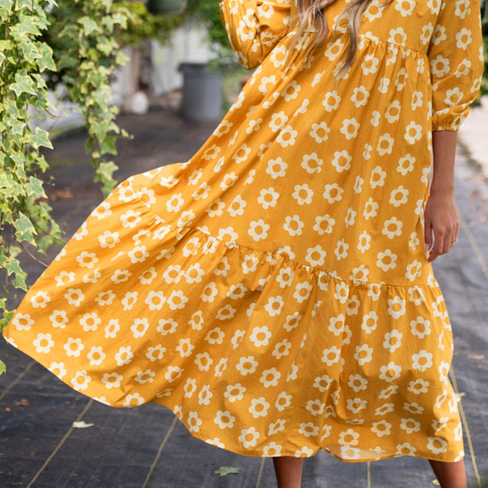 Yellow Flower Print Bracelet Sleeve Buttons Collared Maxi Dress