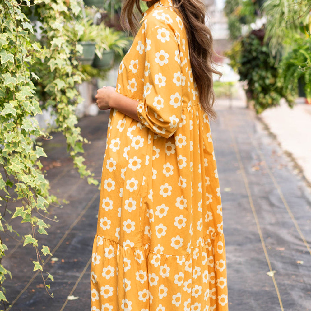 Yellow Flower Print Bracelet Sleeve Buttons Collared Maxi Dress