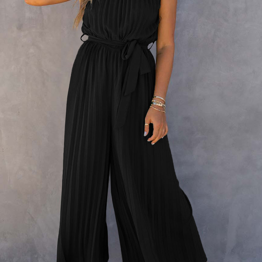 Black Halter Neck Pleated Wide Leg Jumpsuit with Belt