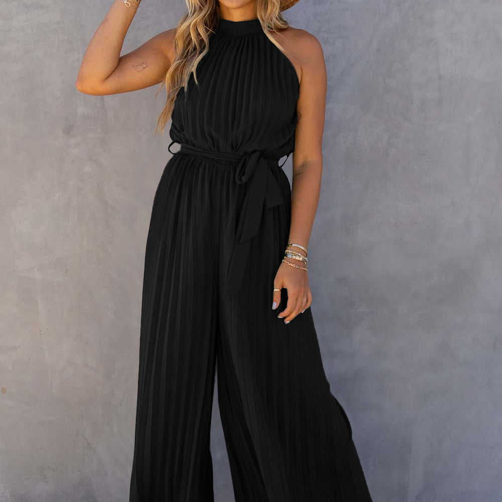 
                      
                        Black Halter Neck Pleated Wide Leg Jumpsuit with Belt
                      
                    