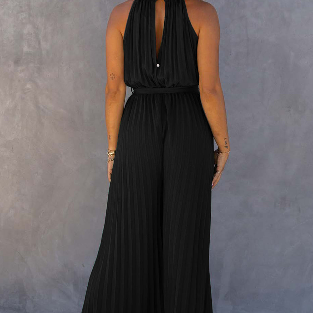 
                      
                        Black Halter Neck Pleated Wide Leg Jumpsuit with Belt
                      
                    