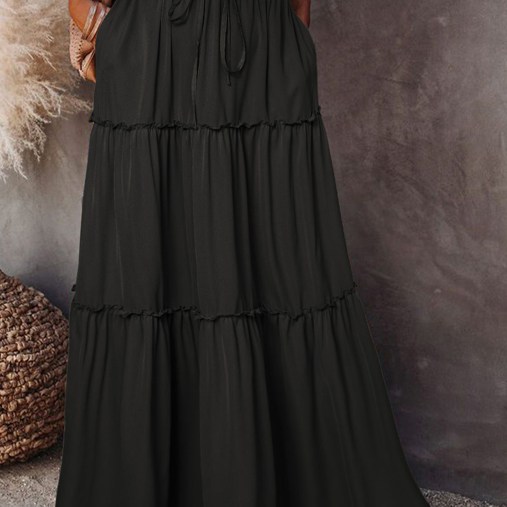 Black Frill Tiered Drawstring Waist Maxi Skirt