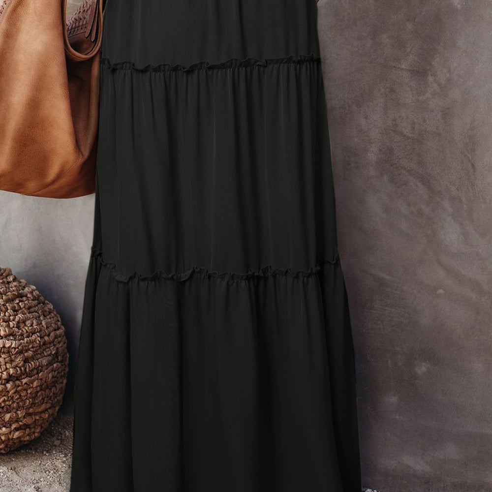 Black Frill Tiered Drawstring Waist Maxi Skirt