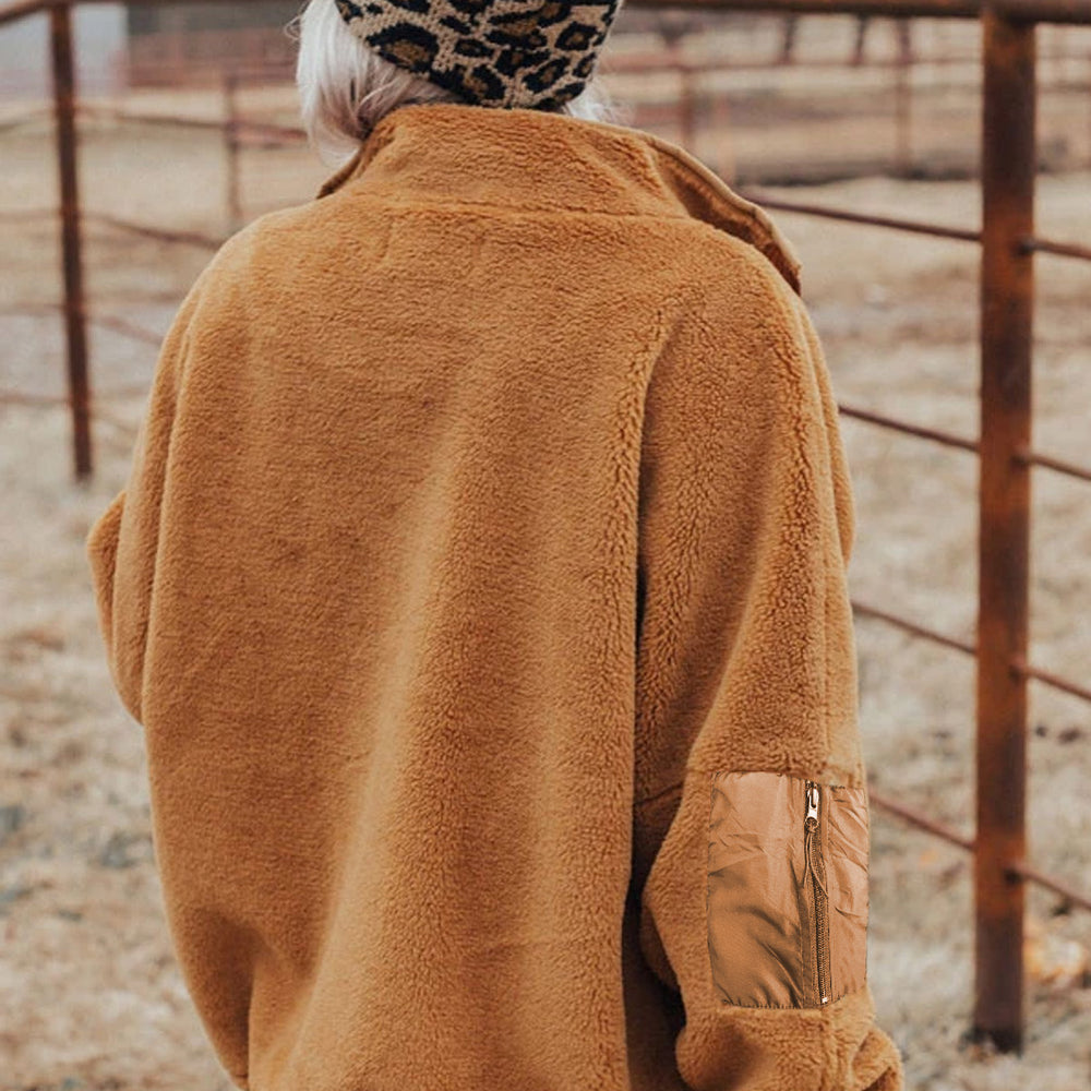 Brown Black Zip Up Sherpa Coat with Pockets