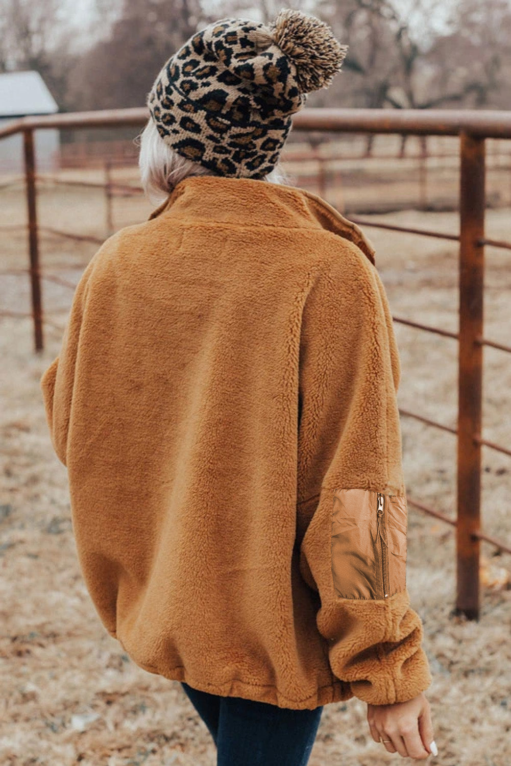 Brown Black Zip Up Sherpa Coat with Pockets