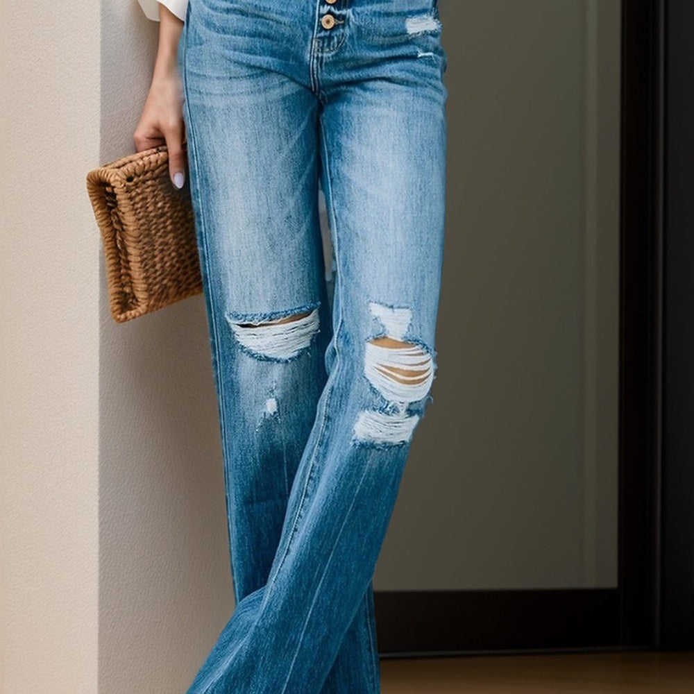 Distressed Button Fly Jeans with Pockets
