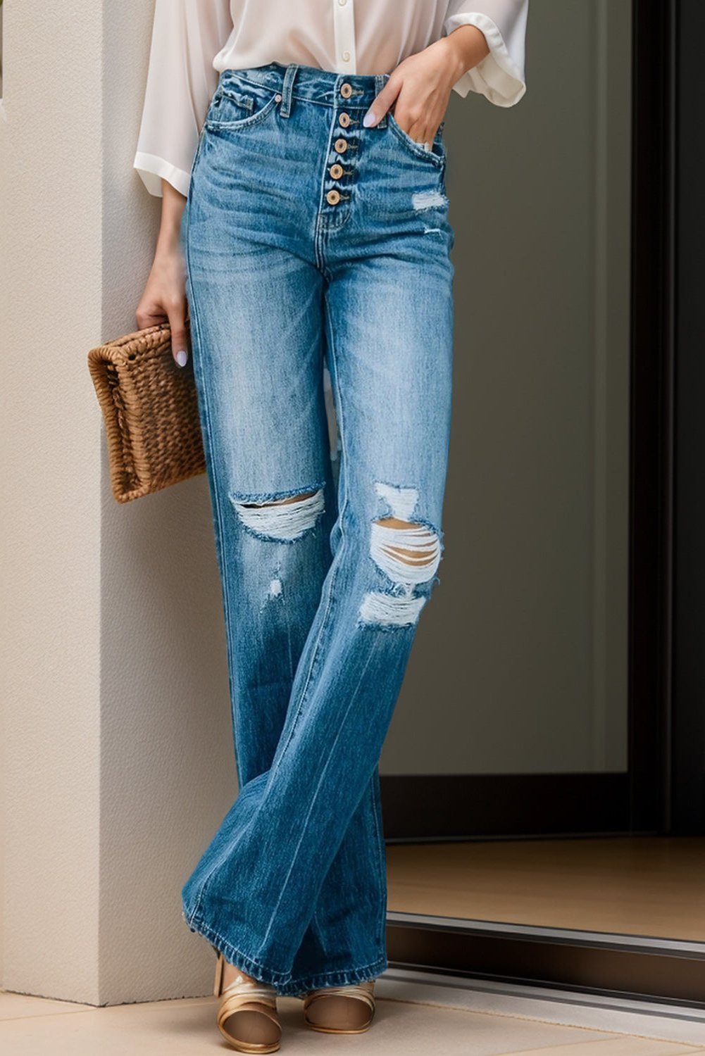Distressed Button Fly Jeans with Pockets
