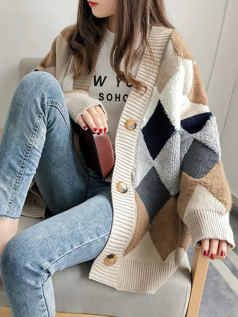 Long Sleeve Plaid Pattern Color Block Sweater