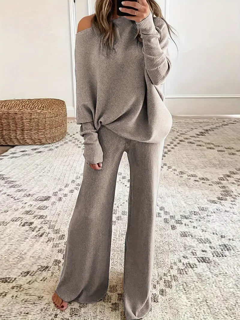 Solid Color Off-Shoulder Sweater Top with Pants Set