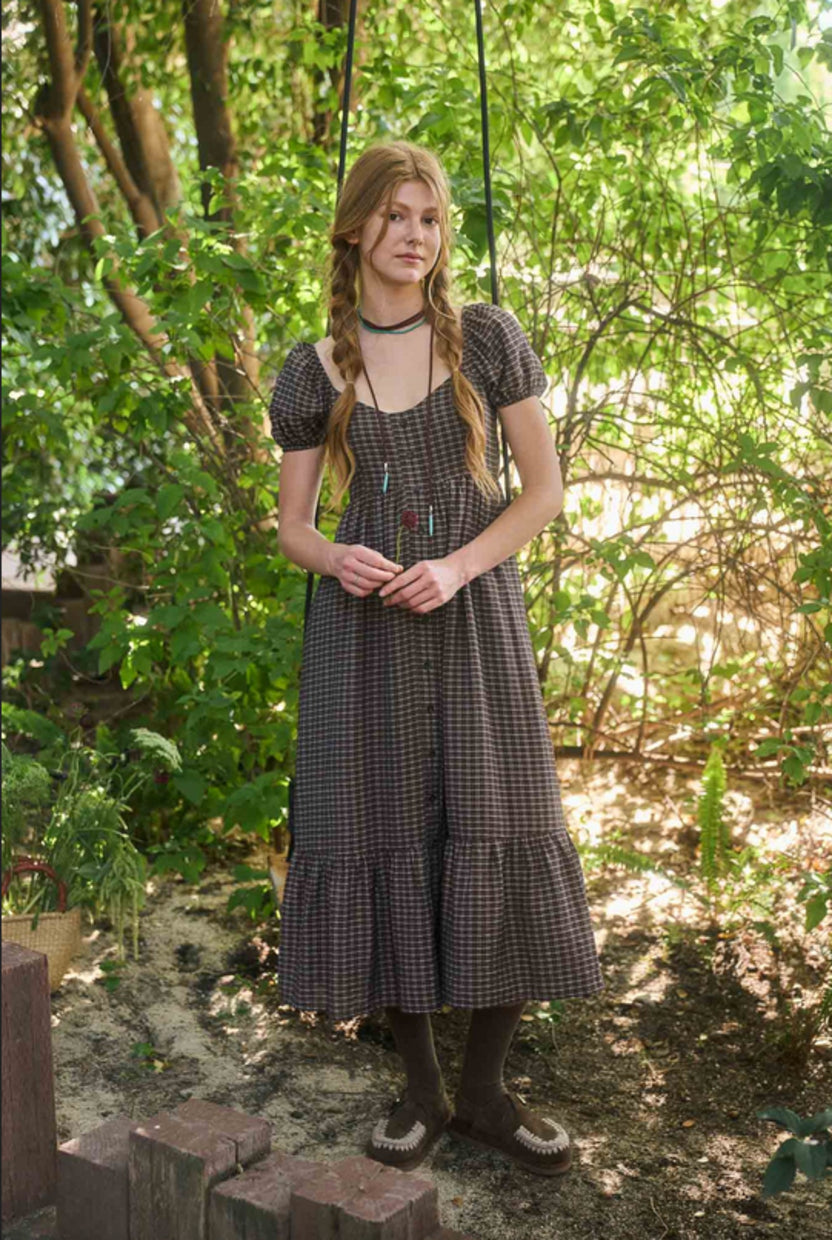 Plaid Puff Sleeve Button Down Maxi Dress