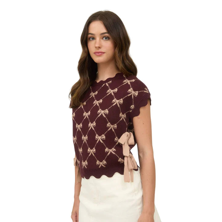 Bow Pattern Short Sleeve Side Tie Knit Pullover