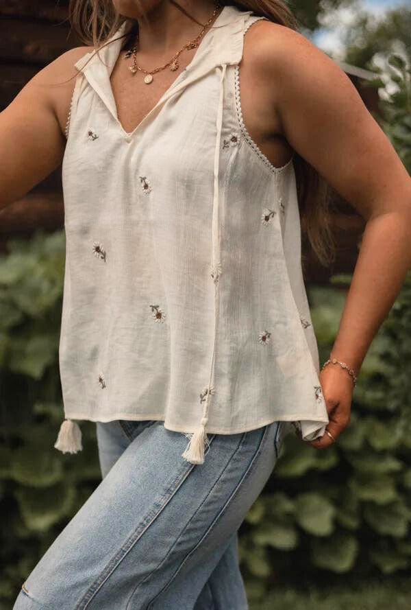 V-Neck Ribbonite At Neck Embroidery Detail Sleeveless Blouse